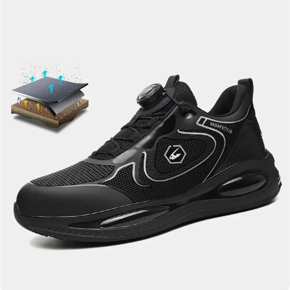 Arbeitsschuhe mit Drehschnalle, Herrengröße 37–46, Sicherheitsschuhe für Herren und Damen, Turnschuhe mit Stahlkappe, spitzenfrei, atmungsaktiv, weiche Arbeitsstiefel